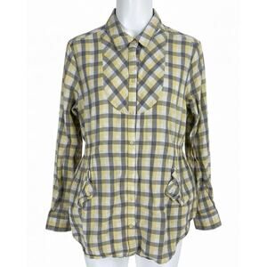 OP Shirt Womens XL Yellow Gray Plaid Button Up Shirt Long Sleeve Pockets Cotton